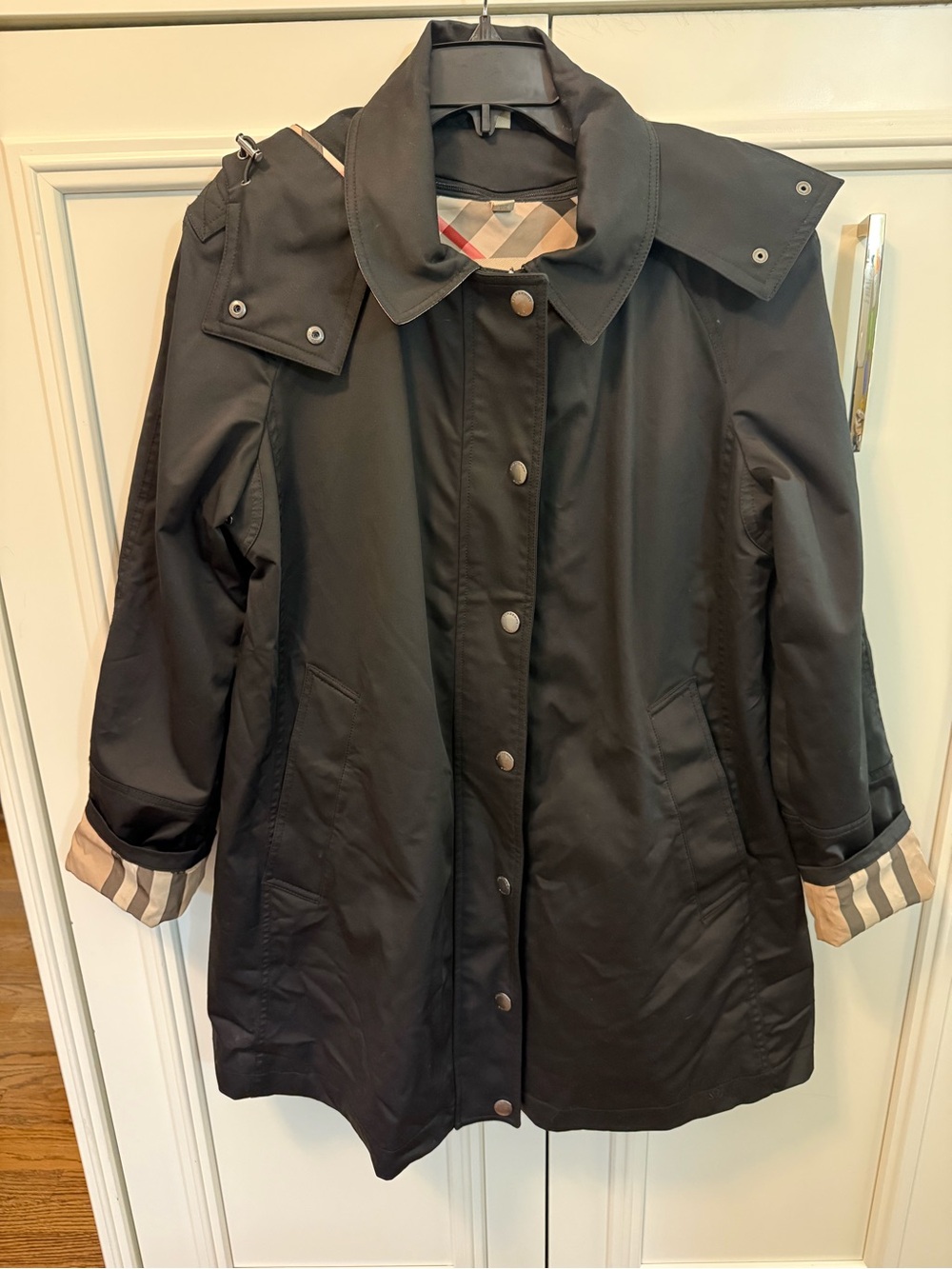 Burberry Brit Bowpark Hooded Rain Jacket Black Wool Liner Nova Check Size 16